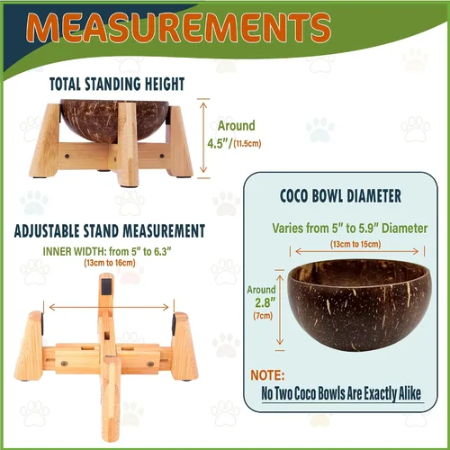 Vista 5 de Cuenco para perros para gatos y perros pequeños, totalmente natural, cuenco de cáscara de coco pulido con soporte de madera, altura total