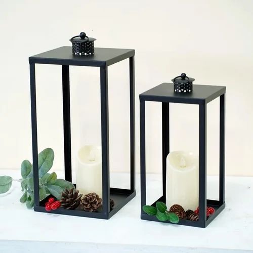 Vista 5 de HPC Decor - Juego de 2 faroles decorativos de metal negro con velas parpadeantes con temporizador, 16.5 pulgadas y 13 pulgadas de grosor, grandes