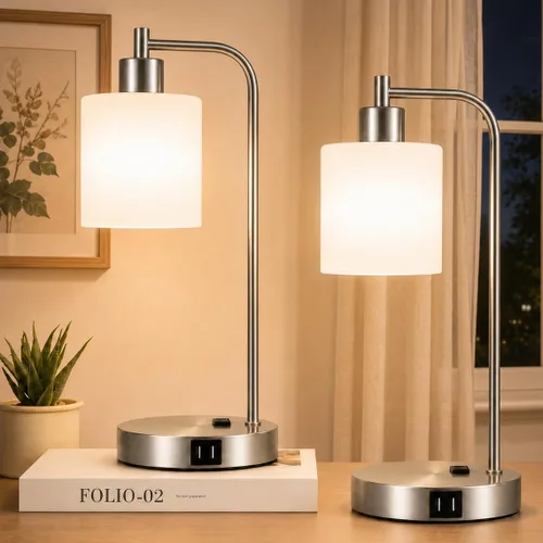 Vista 16 de Juego de 2 lámparas de mesa con control táctil industrial - Lámparas de mesita de noche en níquel cepillado con 2 puertos USB y enchufe de CA