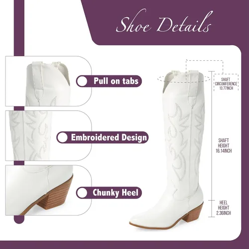 Vista 7 de Vimisaoi - Botas vaqueras para mujer, estilo retro, puntiagudas, de meter, pantorrilla ancha, tacón de bloque alto y grueso, bordadas, hasta