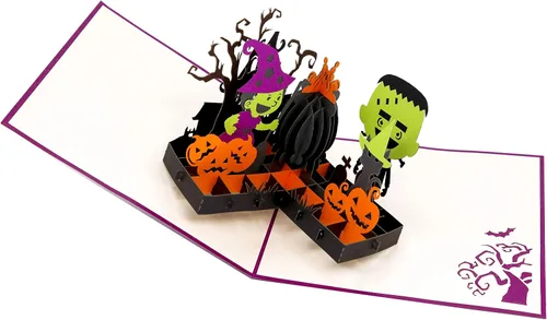 Vista 3 de PopLife Tarjeta desplegable 3D de caldero de Halloween, recuerdo de fiesta de truco o trato, caldero de bruja espeluznante y calabazas, sorpresa