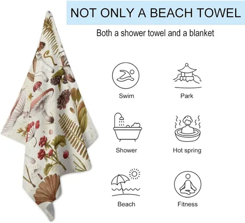 Vista 3 de Toalla de playa vintage de hongos, toalla de baño de microfibra antideslizante de secado rápido para adultos y niños, viajes, piscina, playa, baño