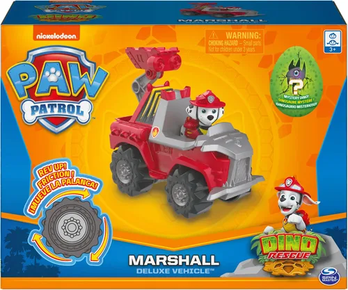 Vista 2 de PAW Patrol, Dino Rescue Marshall's Deluxe Rev Up Vehículo con figura de dinosaurio misterioso