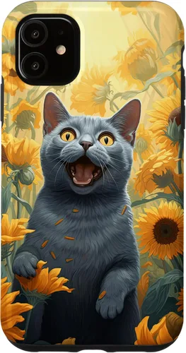 Vista 5 de iPhone 14 divertido gato ruso azul cara con girasol pintura caso