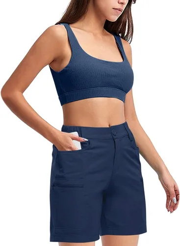Vista 4 de Sport Womens Shorts with Pockets Summer Casual Athletic Biker Shorts for Women High Waist Trousers High Rise Pants Blue