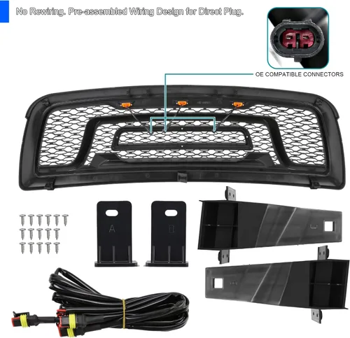 Vista 3 de Spec-D Tuning Parrilla de parachoques delantero negro mate con luces LED ámbar compatible con Dodge Ram 1500 2009-2012