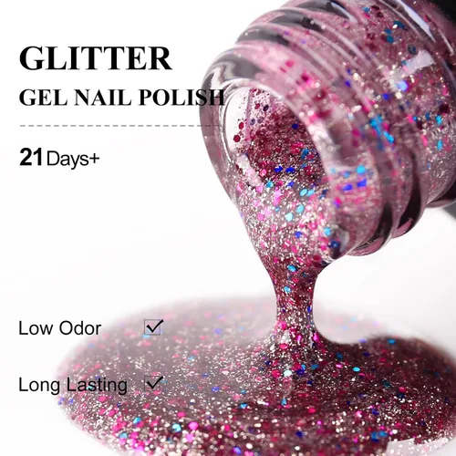 Vista 7 de Esmalte de uñas de gel, 1 unidad de 0.5 onzas líquidas, esmalte de uñas de gel rosa transparente colorido con purpurina, esmalte de uñas en gel que