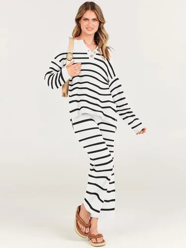 Vista 4 de ANRABESS Conjunto de 2 piezas para mujer, conjunto de suéter holgado holgado de punto de gran tamaño, conjunto de ropa de descanso a juego de moda