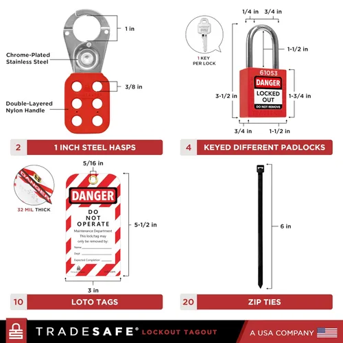 Vista 3 de TRADESAFE Kit profesional de etiquetado de bloqueo - Cerraduras Loto, cerradura de válvula de puerta, bloqueo de válvula de bola, cerraduras