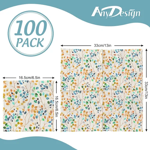 Vista 2 de AnyDesign 100 servilletas de papel de hojas coloridas, ramas de hojas de acuarela, servilletas desechables para almuerzo, postre, cena, servilletas