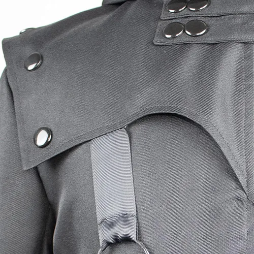 Vista 6 de Homisy Disfraces de Halloween para hombres, chaqueta gótica retro de vapor punk, capa de manga larga con capucha y botón de metal, gabardina larga