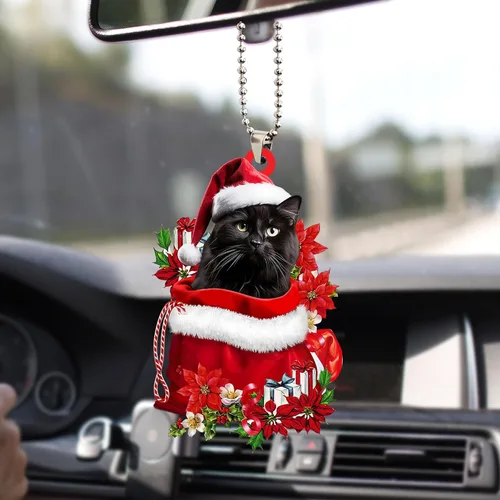 Vista 6 de Talataca Adorno de Navidad plano 2D de gato negro, Gato Negro en bolsa de regalo de Papá Noel rojo, decoración de árbol de pino, colgante de casa 4