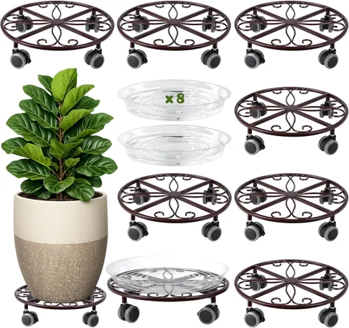 Vista 11 de Pack de 3 organizadores para plantas con ruedas de alta resistencia de 13.5 pulgadas, soporte metálico con ruedas, plataforma rodante para plantas