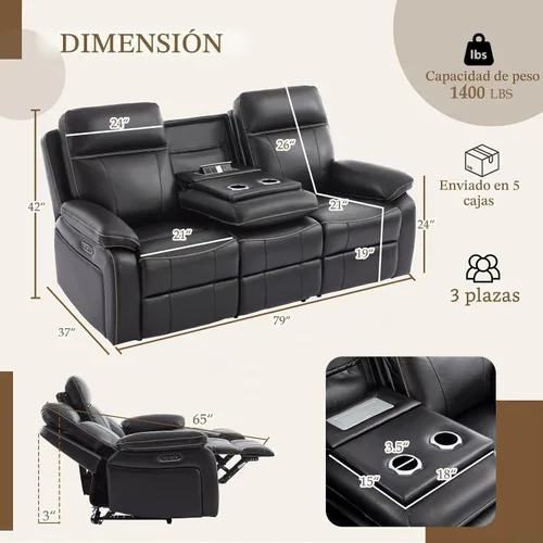 Vista 2 de Sofá Reclinable Eléctrico con Mesa Plegable, Sofá Reclinable Eléctrico de Cuero Transpirable, Sofá Reclinable Loveseat Eléctrico