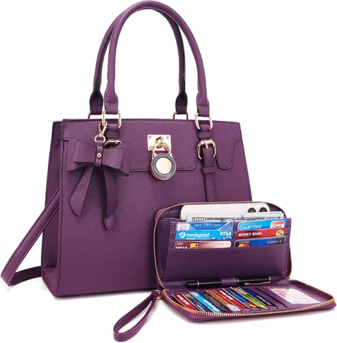 Vista 8 de Qiyuer - Bolsos y carteras para mujer, juego de damas con asa superior, bolso de hombro, bolso de trabajo con cartera de embrague a juego, 2 piezas