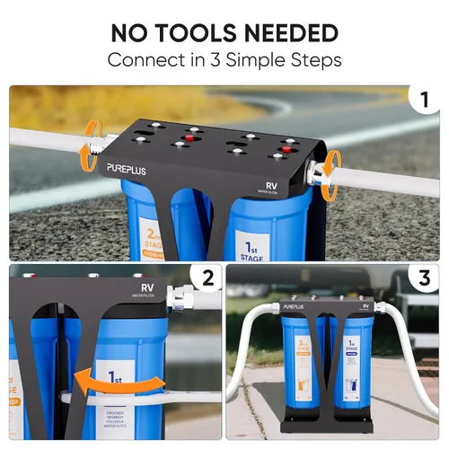 Vista 4 de PUREPLUS - Filtro de agua de doble etapa para RV, KDF/carbono y sedimento