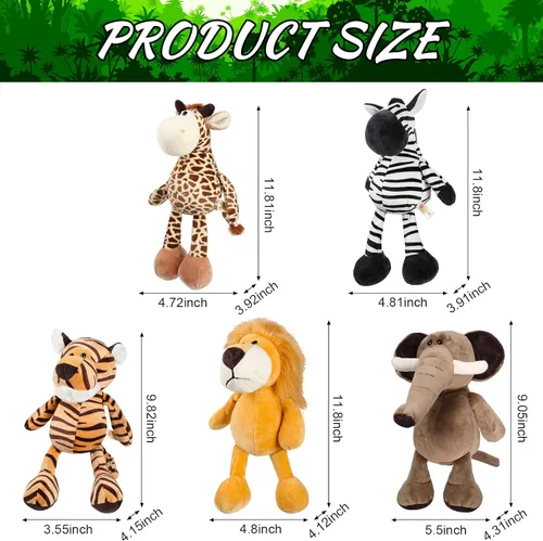 Vista 2 de Juego de 5 animales de peluche de safari, incluye leones, tigre, elefantes, cebras y jirafas, animales salvajes de 11.8 pulgadas, juguetes suaves