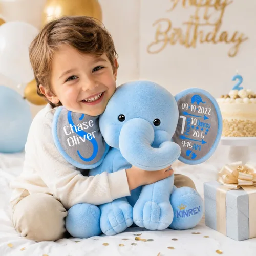 Vista 2 de Animal de peluche de elefante personalizado - Anuncio de estadísticas de nacimiento personalizadas, animales de peluche de elefante para bebés, baby