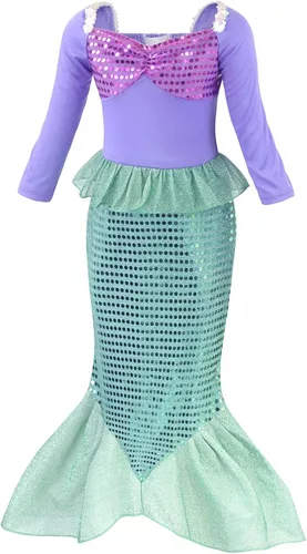 Vista 2 de HenzWorld Vestido de niña niña sirena disfraz princesa cumpleaños Cosplay fiesta joyería accesorios lentejuelas colas trajes