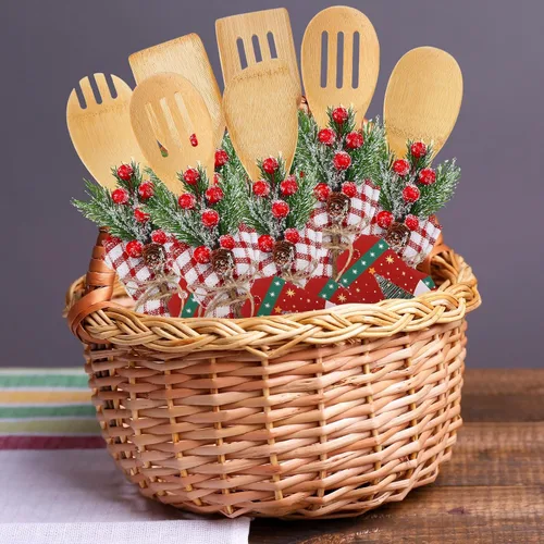 Vista 4 de Funnymoom Juego de 24 utensilios de cocina de Navidad, espátulas de bambú, cucharas de bambú con palillos artificiales, toalla de gofre, etiqueta