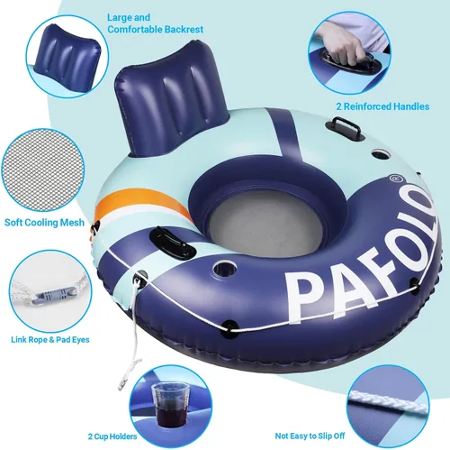 Vista 6 de Flotador inflable de tubo de río, flotador de piscina para adultos, tubos de río para flotar resistente con parte inferior de malla, respaldo cómodo