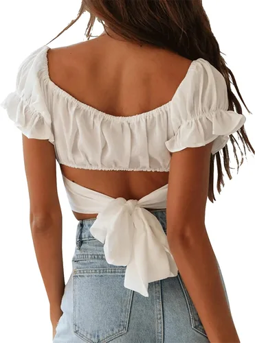 Vista 2 de LYANER - Blusa ombliguera para mujer, manga corta, con volados, que se ata en la espalda y hombros descubiertos, estilo Bardot