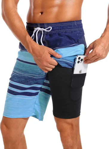Vista 24 de Difficort - Traje de baño para hombre con forro de compresión, pantalones cortos de secado rápido con bolsillos con cremallera 1-a/ Rayas negras