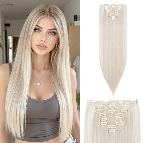 Vista 18 de S-noilite 8 piezas de extensiones de cabello largo con clip para mujer, extensiones de cabello sintético de doble trama, 18 pulgadas, #12H24 Honey