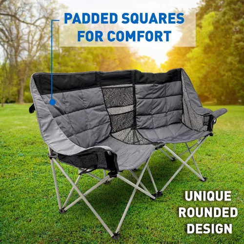 Vista 2 de EasyGo Product Silla de camping – Asiento doble resistente de gran tamaño – Se pliega fácilmente y está acolchado, negro y gris