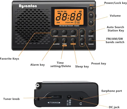 Vista 6 de Radio portátil AM/FM/onda corta, radios de bolsillo con pilas, pantalla digital grande, radio reloj con alarma y función de sueño, auriculares