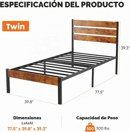 Vista 2 de Sweetcrispy Base de cama individual de madera resistente con cabecero, base de colchón resistente de 500 libras, plataforma de soporte de metal