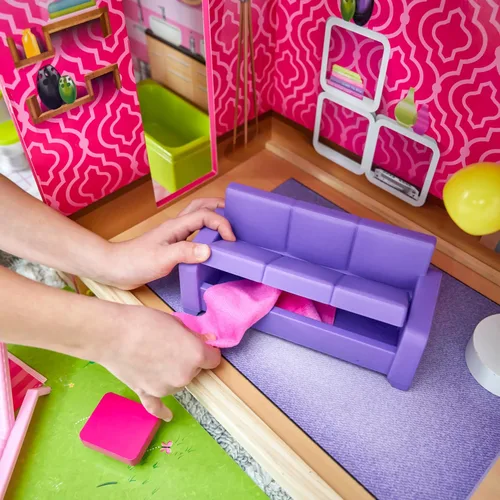 Vista 6 de KidKraft Casa de ciudad para muñecas con muebles para niñas Over 3 Feet Tall Pink Mansion Doll House, Working Elevator, Rooftop Patio, For Dolls