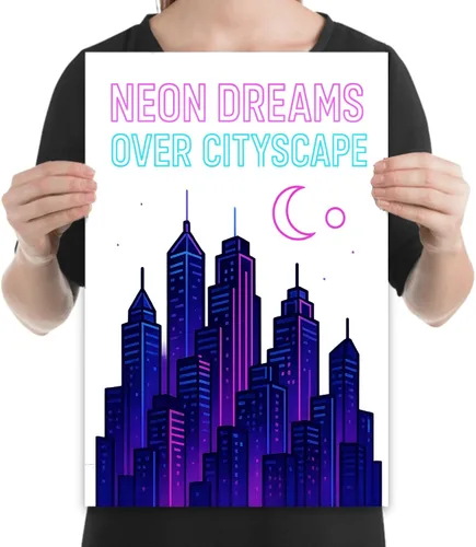 Vista 2 de Paisaje urbano retro-Futurista Synthwave - Decoración urbana - Póster impreso de 13 x 19 - Paisaje nocturno de neón de los años 80