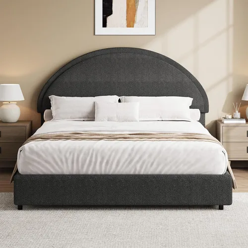 Vista 5 de Base de cama REVOMINCA tamaño Queen, base de cama tapizada de plataforma con cabecero, cama de plataforma suave con esquinas redondas, no se Dgery