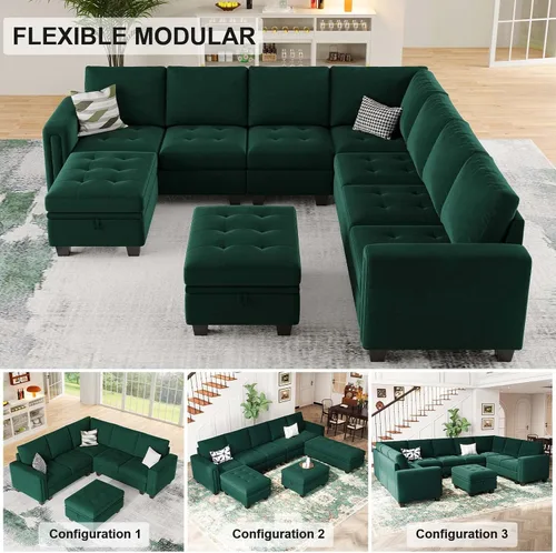 Vista 6 de Belffin Sofá modular de terciopelo en forma de L, sofá seccional convertible de gran tamaño con diván reversible para sala de estar, verde