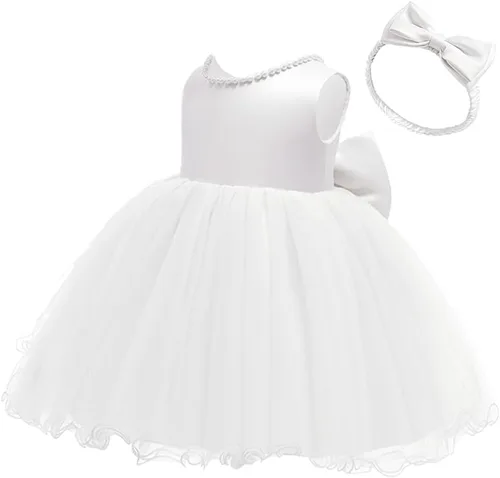 Vista 2 de TUIJI 6M-6T Vestidos de flores con volantes y encaje sin espalda para concurso de boda y fiesta de bodas con gorro