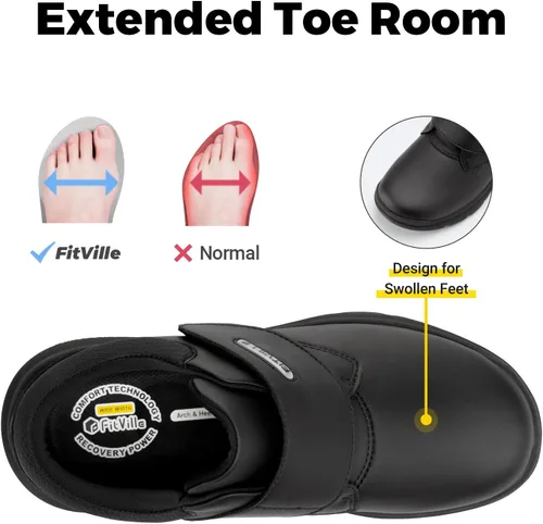 Vista 3 de FitVille Zapatos para diabéticos para hombre, zapatos de cuero extra anchos para caminar para recuperación de Edema con gancho y bucle, zapatos