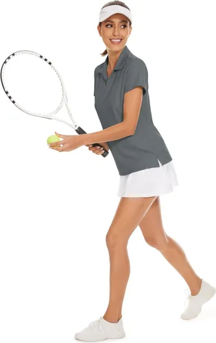 Vista 7 de MAGCOMSEN Camisas de golf para mujer, manga corta, cuello polo, cuello en V, secado rápido, protección solar UPF 50+