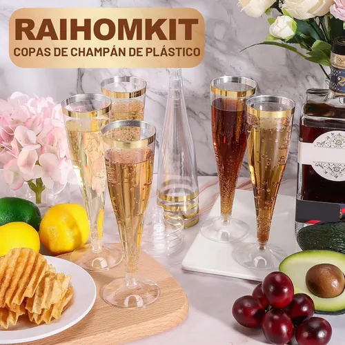 Vista 7 de Paquete de 100 copas de champán de plástico desechables, copas de champán de plástico con borde dorado, flauta de champán desechable transparente