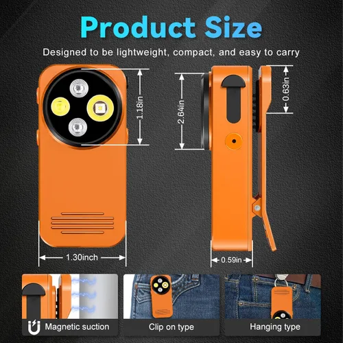 Vista 2 de Linterna EDC con clip, linterna recargable de 600 lúmenes, mini luz de bolsillo con clip con modo RGB, linterna pequeña magnética tipo C