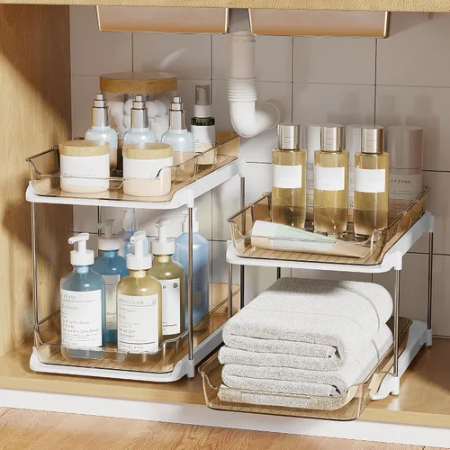 Vista 6 de Delamu Organizadores y Almacenamiento Multiusos de 2 Niveles para Debajo del Fregadero del Baño, Organización Apilable de Despensa de Cocina