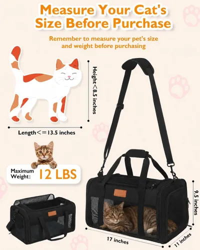 Vista 3 de PETUX - Transportador de mascotas aprobado por aerolíneas para gatos pequeños de hasta 12 libras, color negro 17x11x9.5 in, Underseat, Top & Side