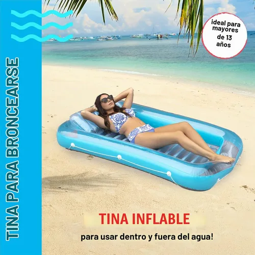 Vista 2 de Flotador inflable azul para tumbona de bronceado – Piscina personal con almohada – 13 años +