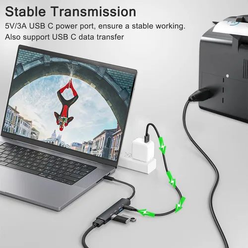 Vista 4 de Concentrador USB 3.0 alimentado de 5 puertos, extensor USB con puerto de alimentación/datos USB-C de 5V, extensor para un puerto portátil, PC