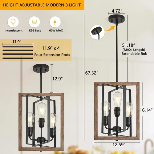 Vista 5 de Candelabro de 3 luces para entrada, moderna lámpara de granja para vestíbulo, dormitorio, luces colgantes rústicas para comedor, sala de estar, isla