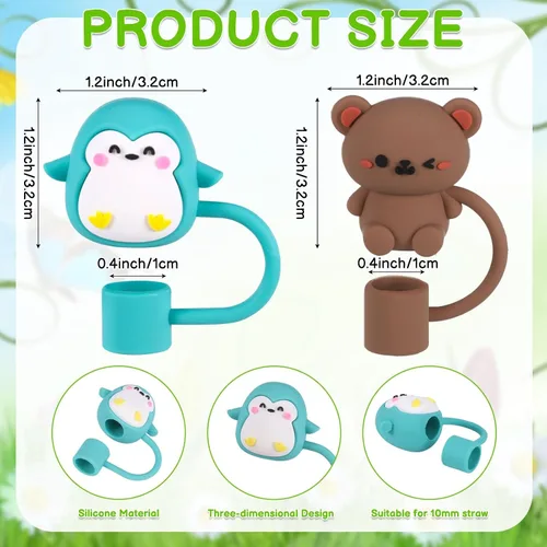 Vista 3 de 20 tapas de paja de animales compatibles con Stanley Cup, de silicona, reutilizables, para vasos de 30 y 40 onzas, accesorios de 0.394 in