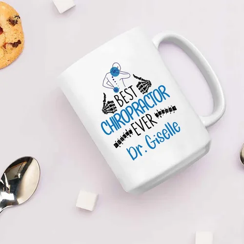 Vista 3 de Taza de té blanca personalizada con nombre quiropráctico de 11 onzas, 15 onzas, taza de café quiropráctico personalizada, taza de café quiropráctica