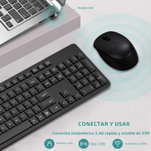 Vista 2 de LeadsaiL Combo de teclado y mouse inalámbricos, teclado ergonómico de tamaño completo para computadora, teclado inalámbrico de 2.4GHz, mouse