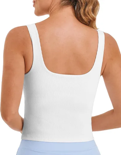 Vista 7 de Stelle Camiseta sin mangas acanalada para mujer, sin costuras, acolchada, para entrenamiento, sin mangas, cuello cuadrado, camisetas básicas
