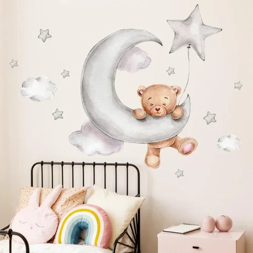 Vista 7 de Enfudid - 2 calcomanías de pared de oso de peluche durmiendo en la luna y estrellas para habitación de niños, habitación de bebé, habitación
